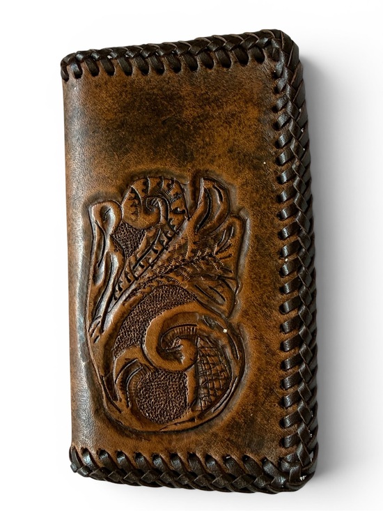 Hand Tooled Leather Wallet Handbags - Vintage Hand Tooled Leather Business Card Holder Wallet Whipstitched Floral Brow
